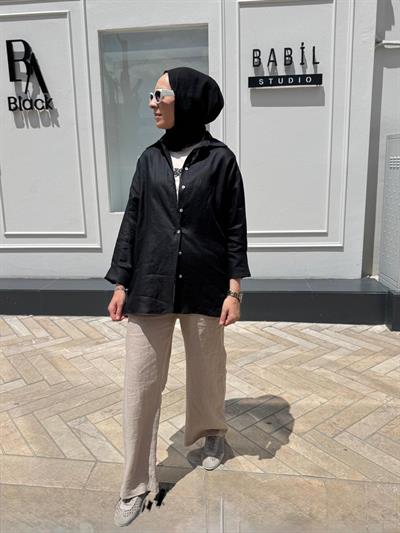 25SS212 Keten Basic Kadın Gömlek Siyah Düz