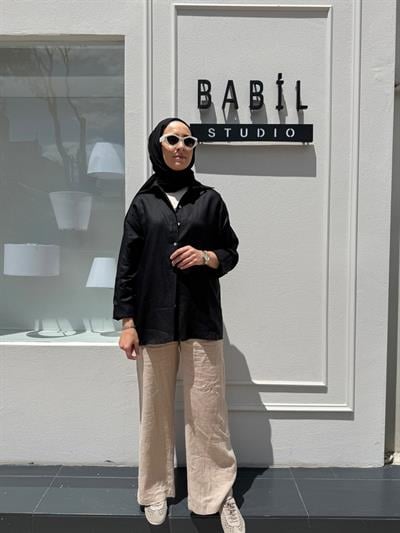 25SS212 Keten Basic Kadın Gömlek Siyah Düz