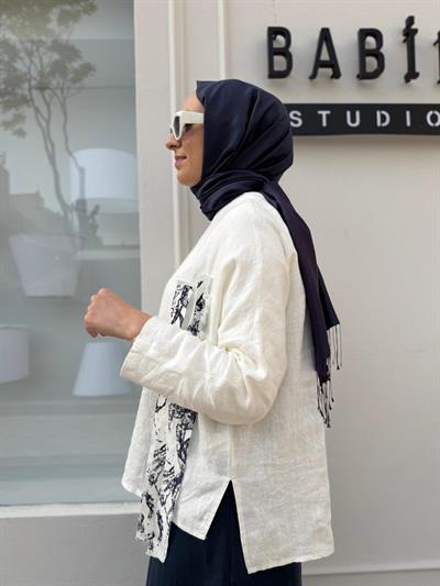 25SS216 Keten Baskı Parçalı Kadın Tunik Beyaz