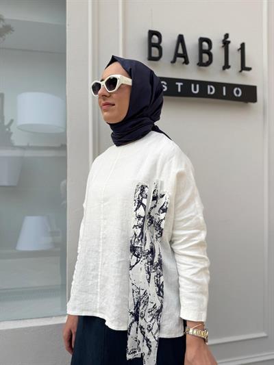 25SS216 Keten Baskı Parçalı Kadın Tunik Beyaz