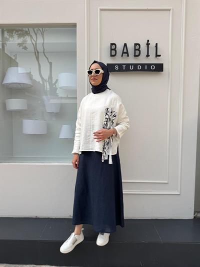 25SS216 Keten Baskı Parçalı Kadın Tunik Beyaz