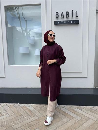 25SS230 Keten Dikişli Min Kadın Uzun Gömlek Mürdüm