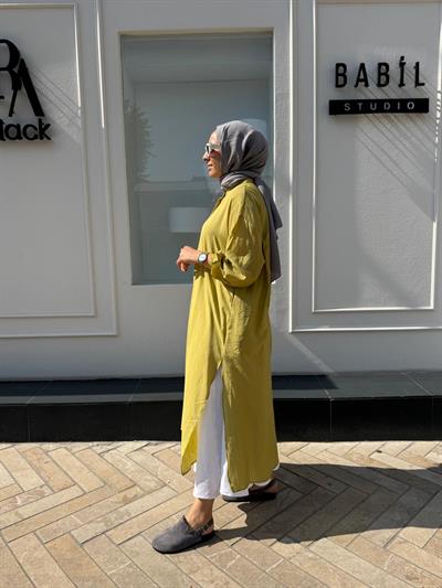 25SS249 Yırtmaçlı Kadın Gömlek Yeşil Düz