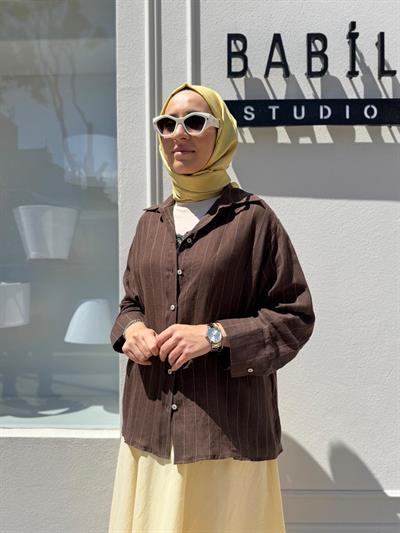 25SS281 Çizgili Kadın Gömlek Kahve