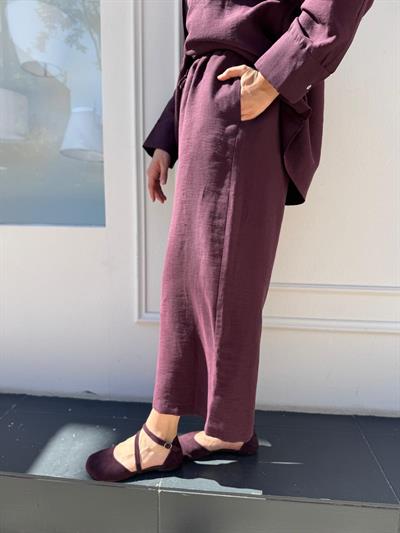 25SS309 Keten Geniş Paça Kadın Pantolon Bordo