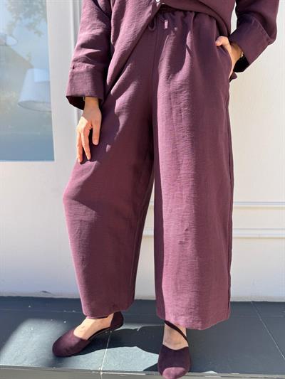 25SS309 Keten Geniş Paça Kadın Pantolon Bordo