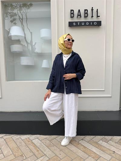 25SS309 Keten Geniş Paça Kadın Pantolon Beyaz