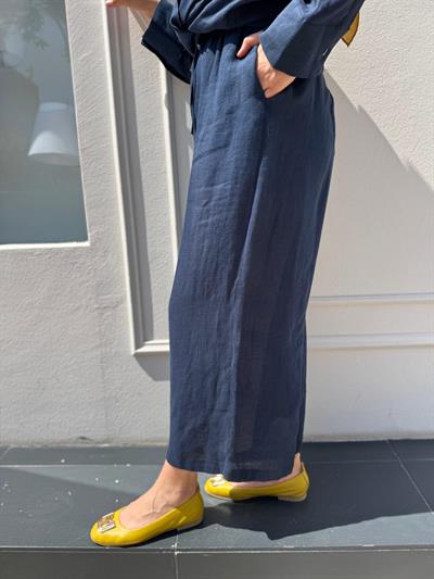 25SS309 Keten Geniş Paça Kadın Pantolon Lacivert