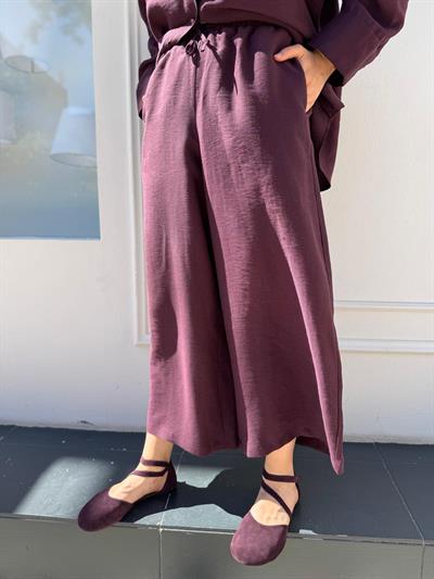 25SS309 Keten Geniş Paça Kadın Pantolon Bordo