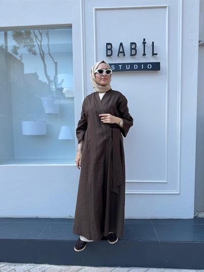 25SS620 Bağlamalı Keten Kadın Kimono Kahve