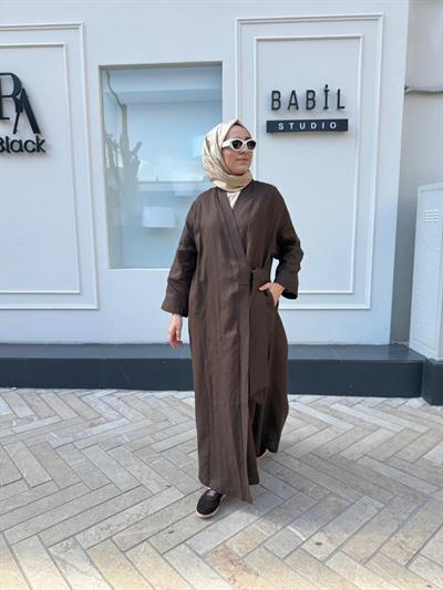 25SS620 Bağlamalı Keten Kadın Kimono Kahve
