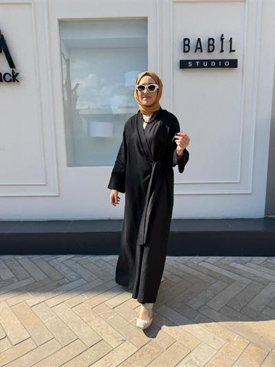 25SS620 Bağlamalı Keten Kadın Kimono Siyah