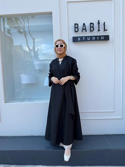 25SS620 Bağlamalı Keten Kadın Kimono Siyah