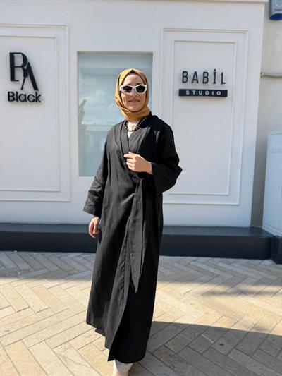 25SS620 Bağlamalı Keten Kadın Kimono Siyah