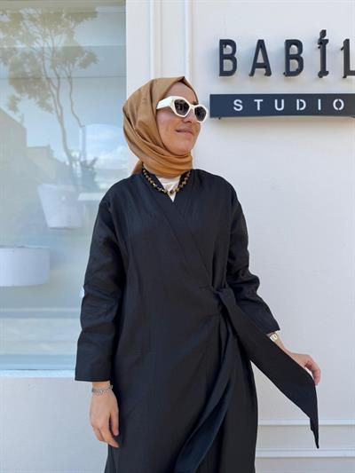 25SS620 Bağlamalı Keten Kadın Kimono Siyah