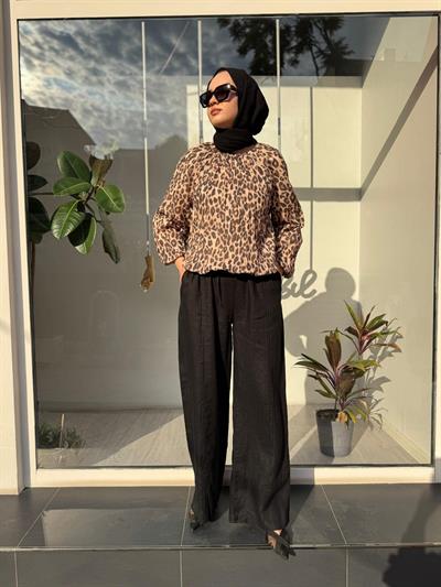 25SSBLZ0001 Leopar Desenli Yaka Detaylı Kadın Bluz Leopar