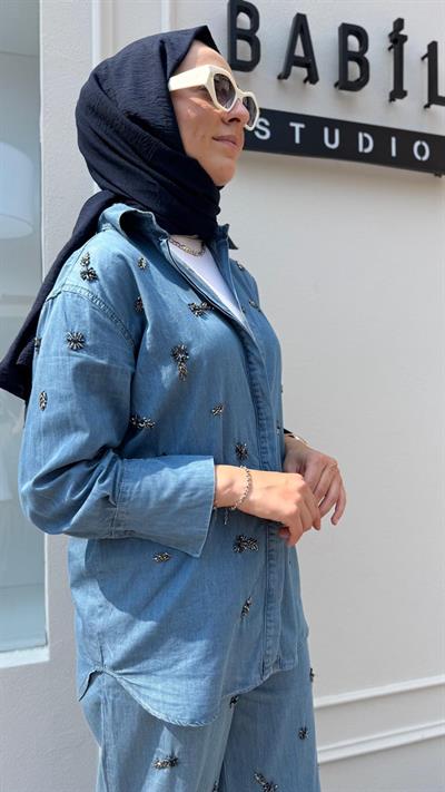 25SSGOM0012 Boncuk İşli Meva Kadın Kot Takım Mavi
