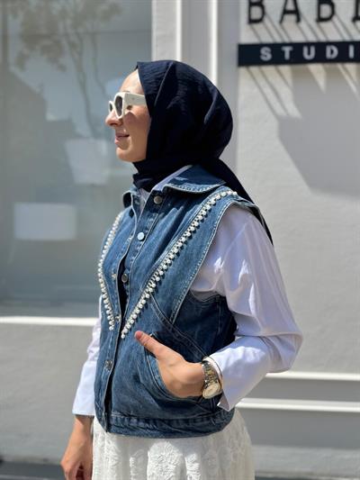 25SSYLK0001 Fiona İncili Kadın Yelek Mavi