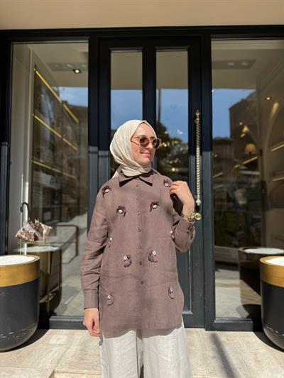 2601-3011 Püskül Detay Kadın Gömlek Kahve