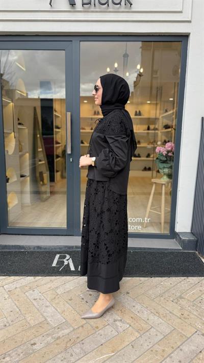 2601-3014 Güpür Detay Kadın Takım Siyah