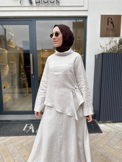 2601-3046 Yandan Büzmeli Kadın Takım Bej