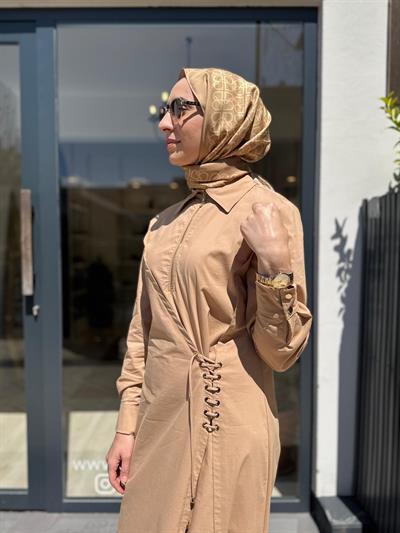 2601-5050 Belden Detay Kadın Elbise Camel