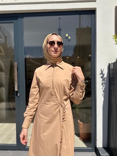 2601-5050 Belden Detay Kadın Elbise Camel