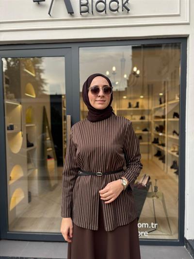 26FW202 Çizgili Kadın Bluz KAHVE ÇİZGİLİ