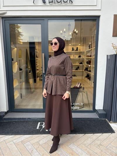 26FW202 Çizgili Kadın Bluz KAHVE ÇİZGİLİ