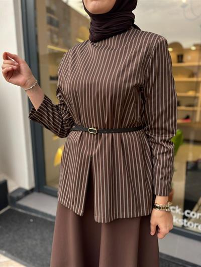 26FW202 Çizgili Kadın Bluz KAHVE ÇİZGİLİ