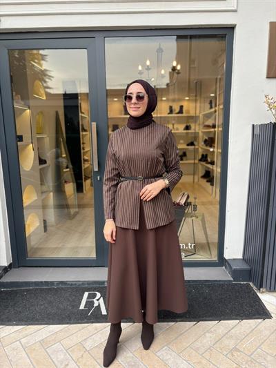 26FW202 Çizgili Kadın Bluz KAHVE ÇİZGİLİ