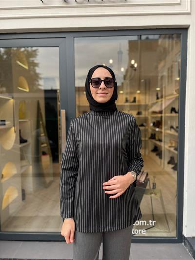 26FW202 Çizgili Kadın Bluz Siyah-Beyaz