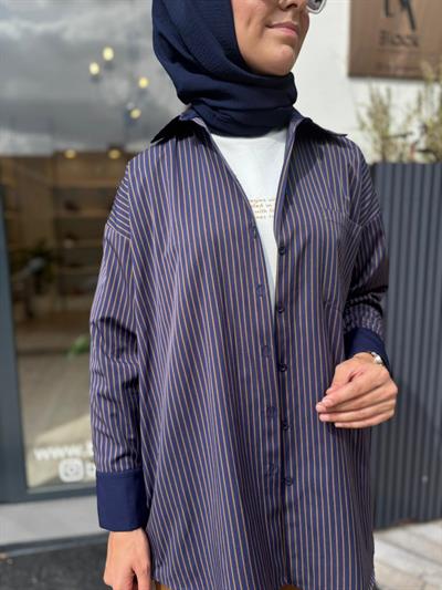 26FW206 Çizgili Kadın Gömlek Mavi