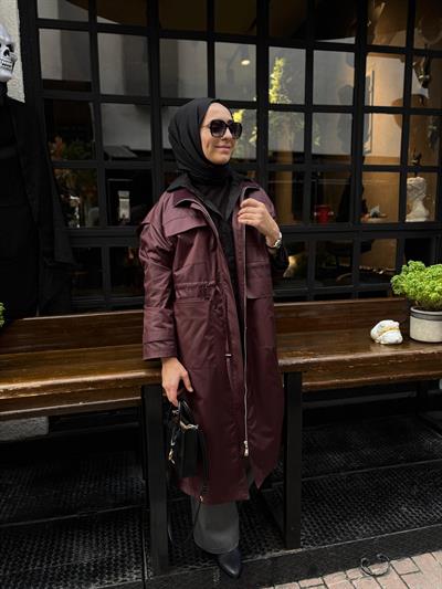 26FW606 Belden Sıkmalı Kadın Yağmurluk Bordo