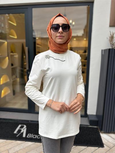 26FWBLZ0001 Taş İşlemeli Sune Kadın Bluz Beyaz