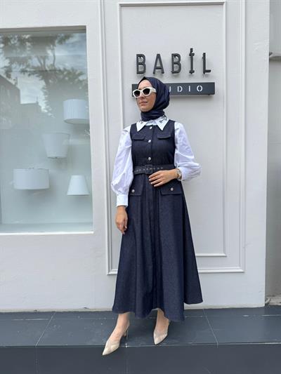 26FWELB0002 Düğme Detaylı Kadın Elbise Lacivert
