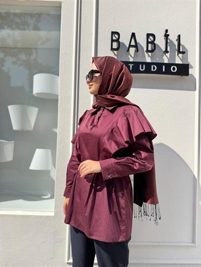 26FWGOM0007 Düğme Detaylı Kadın Gömlek Bordo