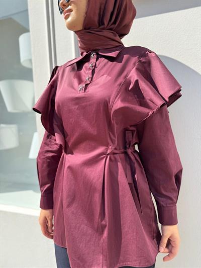 26FWGOM0007 Düğme Detaylı Kadın Gömlek Bordo