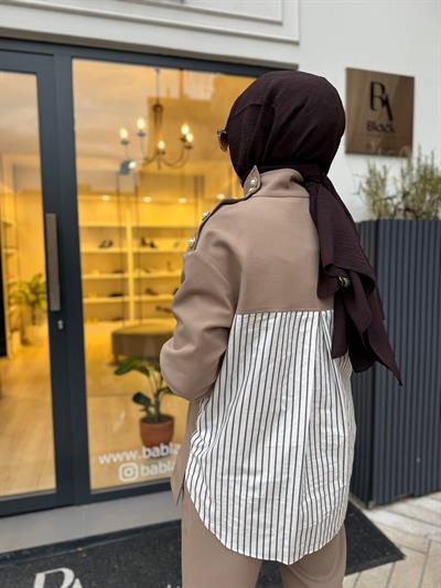 26FWSWE0003 Düğme Detay Aster Kadın Takım Bej