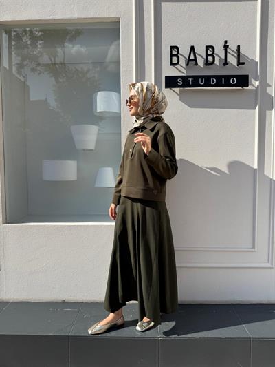 26FWSWE0011 Düğme Detaylı Kadın Sweat Haki Yeşil