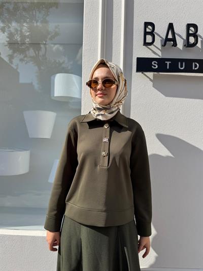 26FWSWE0011 Düğme Detaylı Kadın Sweat Haki Yeşil