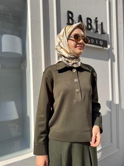 26FWSWE0011 Düğme Detaylı Kadın Sweat Haki Yeşil