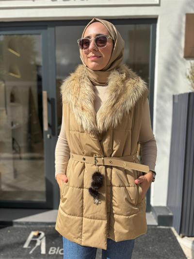 26FWYLK0001 Kürk Yakalı Ruth Kadın Yelek Bej