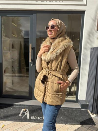 26FWYLK0001 Kürk Yakalı Ruth Kadın Yelek Bej