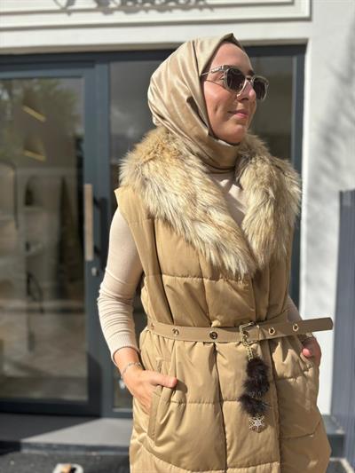 26FWYLK0001 Kürk Yakalı Ruth Kadın Yelek Bej