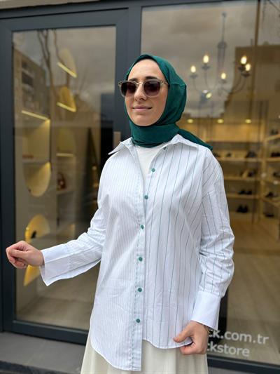 26SSGOM0001 Elsi Kadın Gömlek YEŞİL ÇİZGİLİ