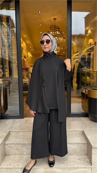 27FW201 Şal Bağlamalı Desenli Kadın Takım Siyah