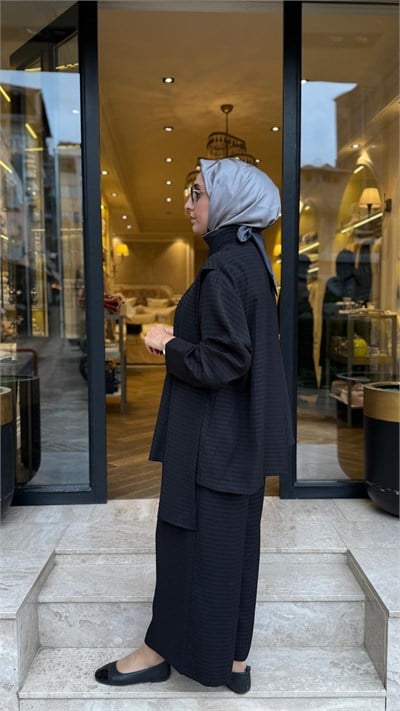 27FW201 Şal Bağlamalı Desenli Kadın Takım Siyah