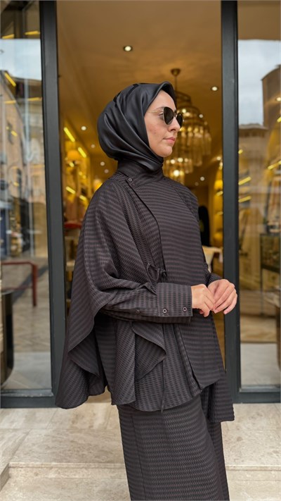 27FW201 Şal Bağlamalı Desenli Kadın Takım Kahve