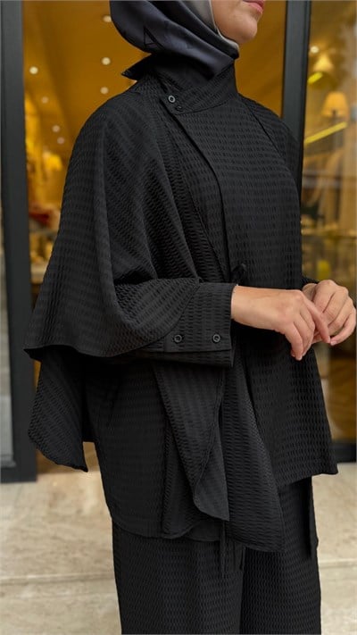 27FW201 Şal Bağlamalı Desenli Kadın Takım Siyah